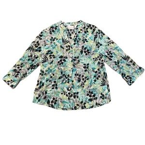 Alfred Dunner Lightweight Aqua Black Eyelet Floral Botanical Spring Button Up 18